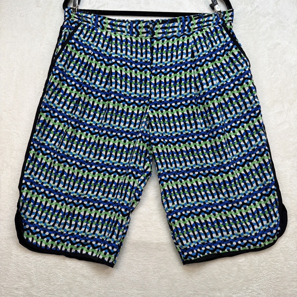 Tracy Reese Silk Shorts Womens Medium Blue Geometric Print High Rise